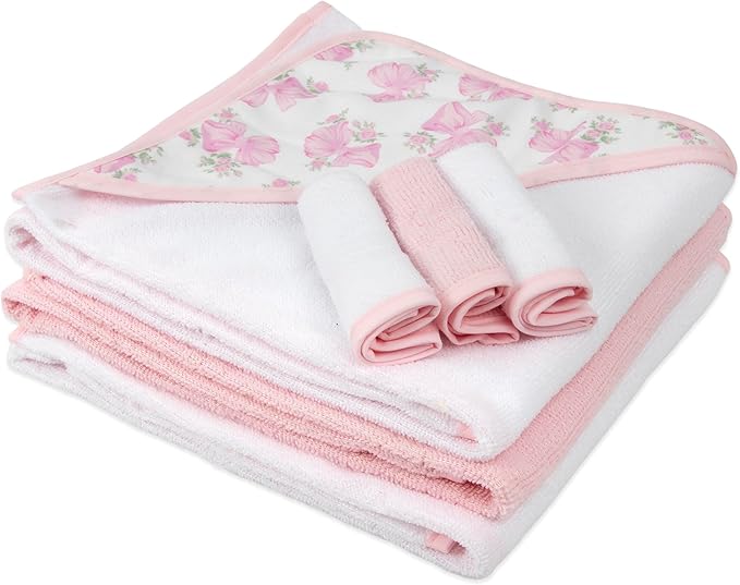Hooded Baby Bath Towel and Washcloth 6 Piece Set for Newborns, Infants & Toddlers, Boys & Girls Baby Hooded Towels Set (Pink Bows and Flowers)