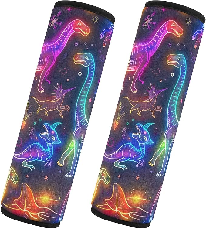 CHIFIGNO Neon Colored Line Art Dinosaurs Car Seat Belt Covers 2 Pack Car Seat Strap Covers Soft Car Seat Shoulder Pads for Adults Kids Women Men