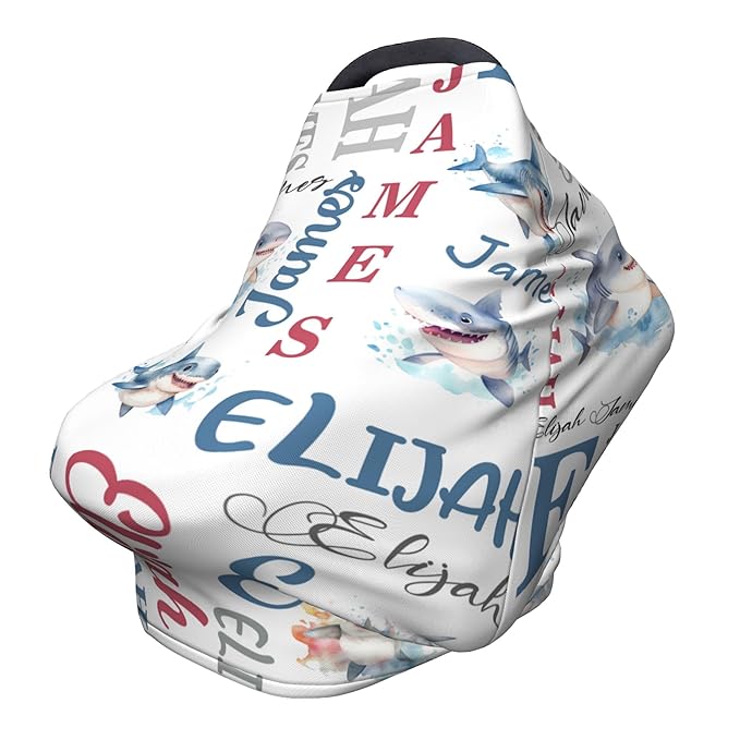 Personalized Baby Car Seat Cover with Name Stroller Canopy Custom Shark Carseat Cover Newborn Baby Boy Girl Nursing Cover for Moms First Birthday Gift