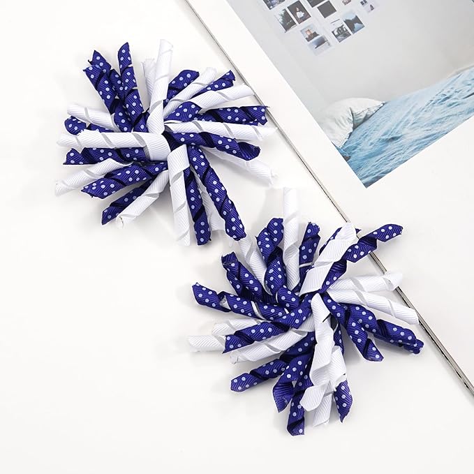 Yxiang 2PCS Indigo Korker Bows for Girls 3'' Curly Bow Hair Clip Ribbon Ponytail Bows Alligator Clip Hair Barrette for Girls Toddlers Kids