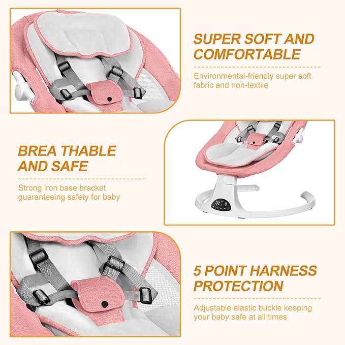 Baby Swing for Newborn to Toddler, 5 Speed Portable Infant Swing with Smart Touch Control, Remote Control, 10 Lullabies, Timer, 5 Point Harness and Soft Fabric (Pink)