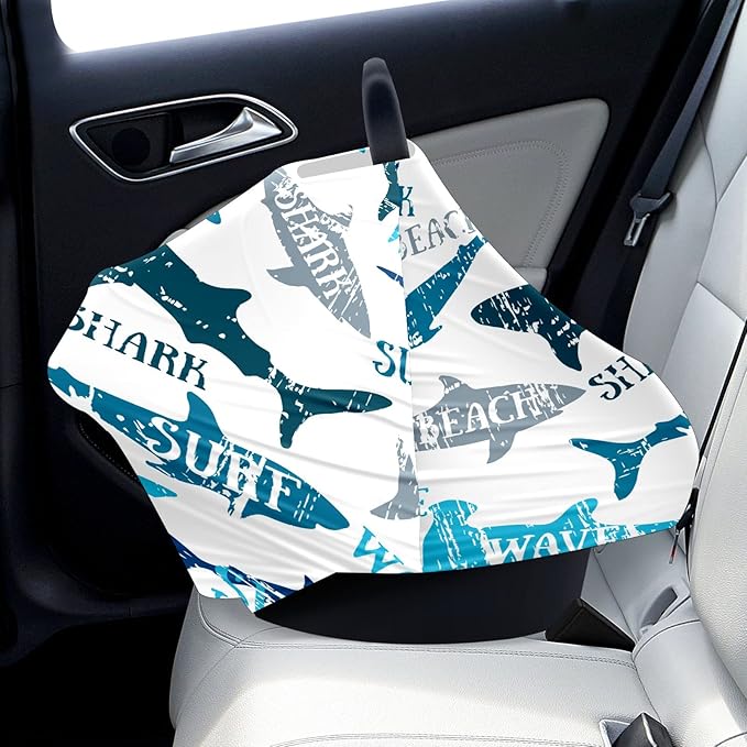 Baby Car Seat Stroller Covers Beach Shark Nursing Cover Breastfeeding Scarf Soft Breathable Stretchy Infant Car Canopy Coverage Carseat Cover for Boys and Girls Multi Use