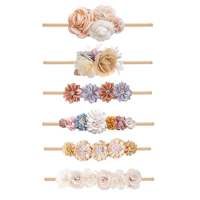 Baby Girl Flower Headband 6 PCS Elastic Hairbands Handmade Nylon Bows Headbands Chic Floral Hair Accessories Kids Gifts for Newborn Infant Toddlers