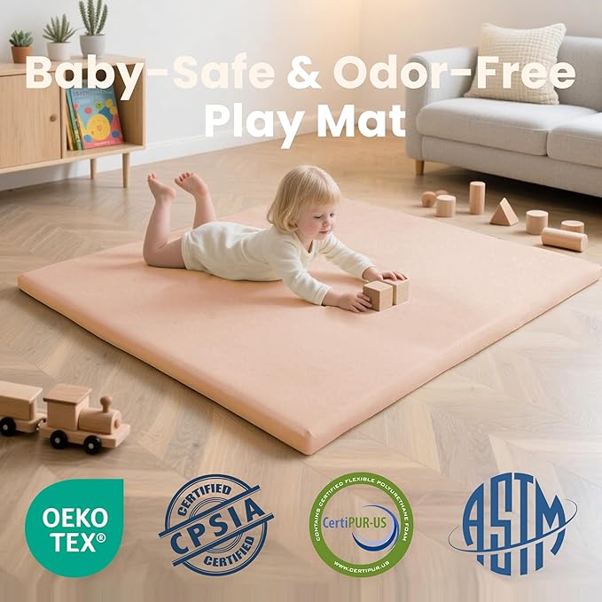 Huloo Sleep Baby Play Mat 50x50 Inches,1.3" Thick Padded Waterproof Floor Cushion & Playpen Mat with Vegan Leather,Non-Slip & Non-Toxic Nursery Rug for Infants, Toddlers & Kids(Pink)