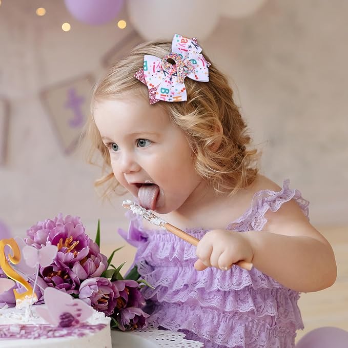 4" Glitter Happy Birthday Hair Bow Clips for Girls Ages 1-6, Pink Ribbon Cheer Bow Barrettes Alligator Hairpins, Confetti Ice Cream Party Dress Accessories, Her 2nd Birthday Gift
