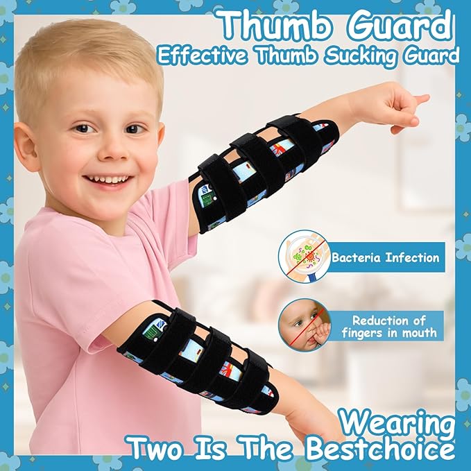 2 PCS Thumb Sucking Deterrent, Sky Blue Cars Thumb Guard for Kids Toddlers Nail Biting Treatment, Anti Nose Picking, Scratching Face, Elbow Immobilizer for Boys Girls, Finger Sucking Prevention