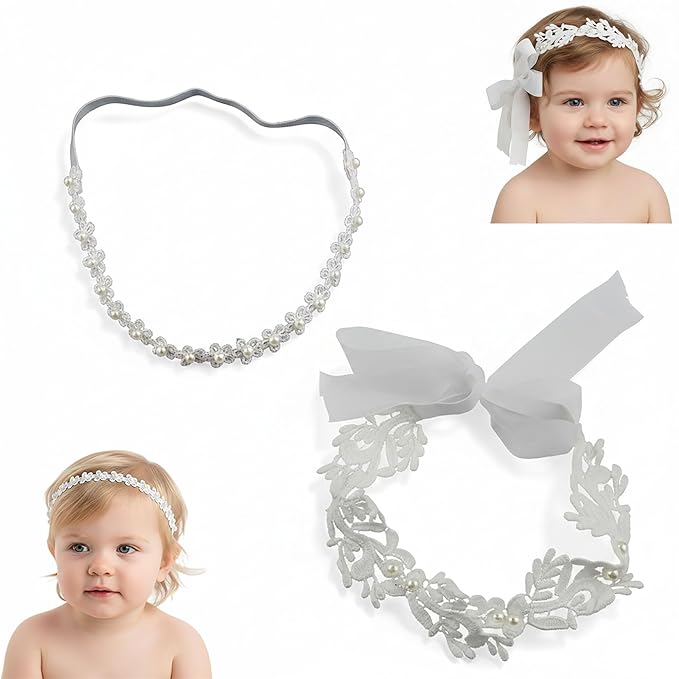 2-Pack Adjustable Baptism Headband for Baby Girl, White Lace Christening Headbands with Pearl & Flower, Elastic Soft Hair Accessories for Newborn Infant Toddler
