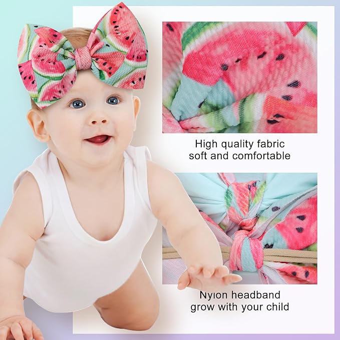 4.5'' Baby Bows Handmade Headbands 6'' Printed Tied Bow Elastic Nylon Hair Accessories for Baby Girls Newborn Infant 2 Pcs Aqua Watermelon