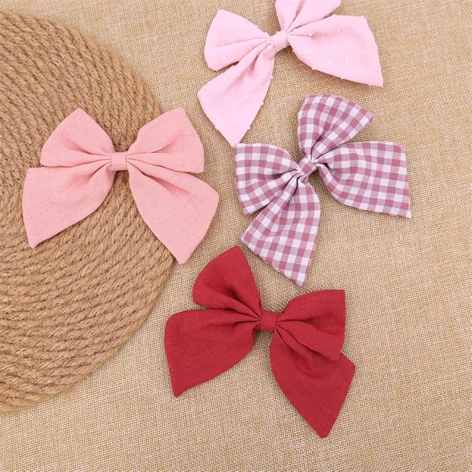 4 PCS Sailor Bow Hair Clips for Kids Girls Women Linen cotton Hair Bow Alligator Clips Baby Toddler Girl Mom Hair Accessories (Cinnabar/Pink)