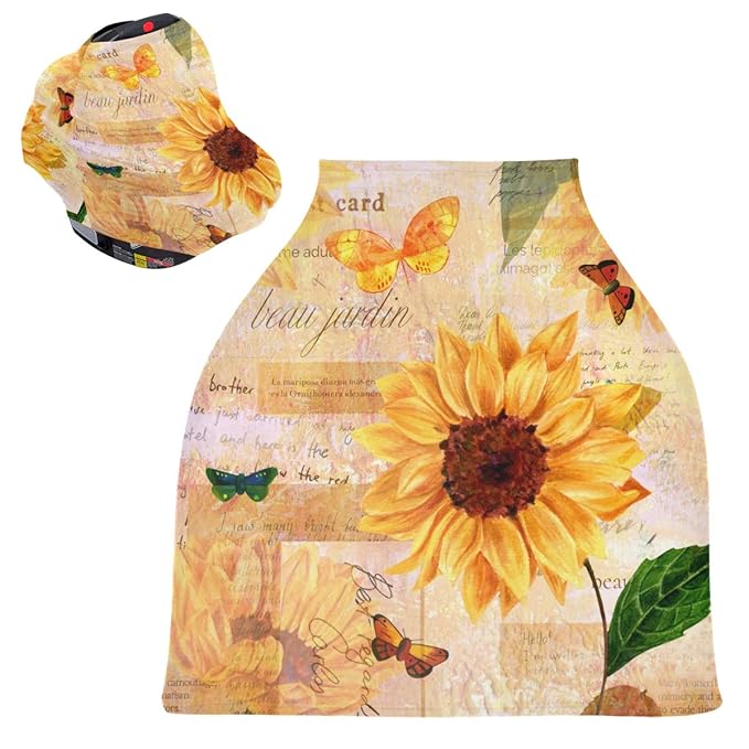 Vintage Yellow Sunflower and Butterfly Baby Car Seat Covers, Nursing Cover Breastfeeding Scarf Soft Breathable Stretchy Coverage, Infant Stroller Cover for Boys Girls