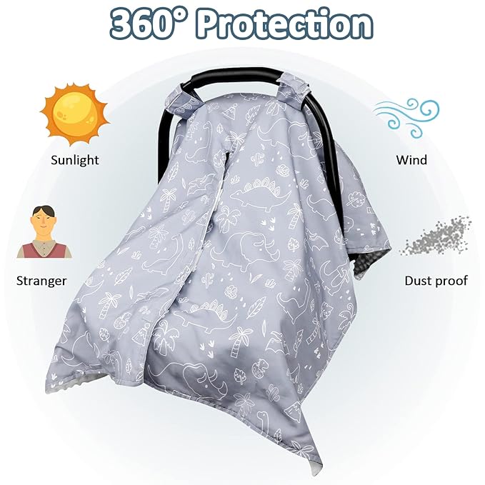 Car Seat Covers for Babies, Peekaboo Opening Infant Car Seat Canopy for Baby Boys Girls, 2 in 1 Mom Nursing Breastfeeding Covers, Minky Warm Carseat Canopy for Newborn, Dinosaur