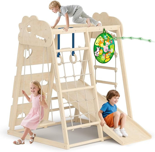 8-in-1 Indoor Playground, Indoor Jungle Gym for Kids, Wooden Montessori Climbing Toys with Rings, Slide,Rope Ladder, Monkey Bar, Climbing Net, Climbing Rock, Swing, Dart Board