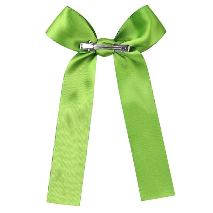 2-Pack Long Satin Ribbon Hair Bows for Girls – Elegant Silk Hair Clips for Toddlers, Infants, Teens & Kids - Green
