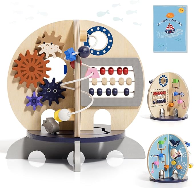 Ocean Wooden Activity Cube Montessori Toys for 1 Year Old Boy & Girl Birthday Gifts