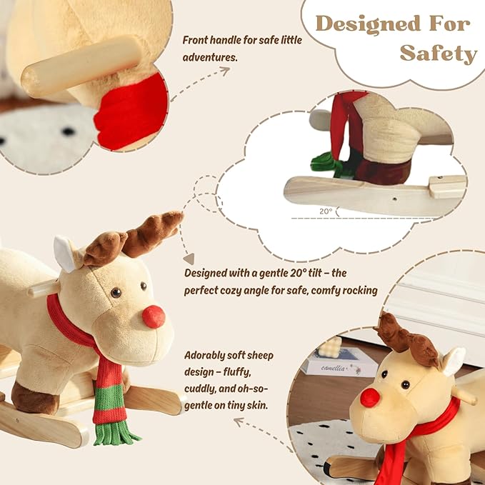 Rocking Horse Baby, Plush Stuffed Rocking Toy for 1-3 Year Old Toddlers, Wooden Reindeer-Shaped Rocking Toy, Apricot Reindeer