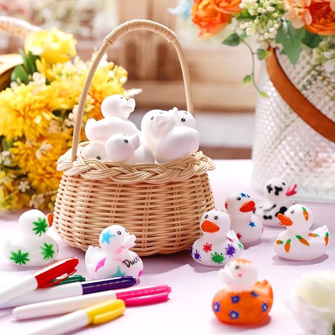 Jerify 96 Pcs 2 Inch White Blank Rubber Ducks for Kids DIY St. Patrick's Day Creative Rubber Ducks with Pens of 12 Colors for Pool Bathtub Float Cute Easter Classroom Crafts Birthday Party Favors