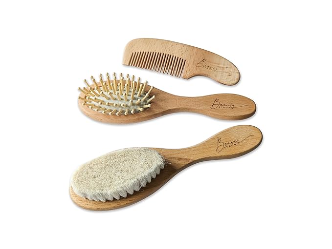Gentle Care Wooden Baby Hair Brush and Comb Set by BeaverStrong - 2 Brushes and 1 Comb for Newborns - Soft Bristles, Safe and Natural - Perfect for Delicate Infant Hair and Scalp
