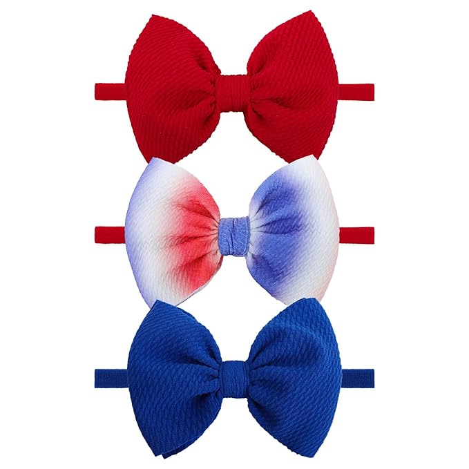 YanJie 4th of July Headband for Baby Girls and Toddlers - Red, White, and Blue Nylon Bows Accessories