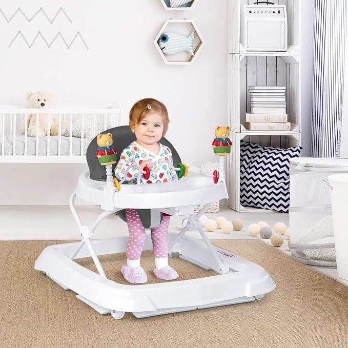 Baby Walker, Collapsible Baby Activity Walker with Walking Toys & 3-Levels Adjustable Height, Comfy High Back Seated Baby Walker with Wheels for Boys & Girls (Grey)