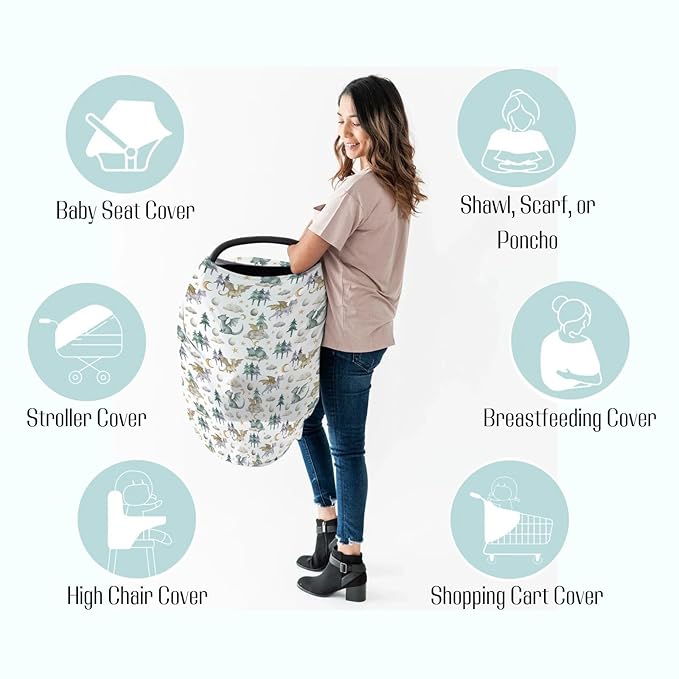 Baby Boy 5-in-1 Car Seat Cover Watercolor Dragon Tale, Multi-use Privacy Nursing Breastfeeding Cover, Carseat Canopy Carrier Newborn Infant Gift