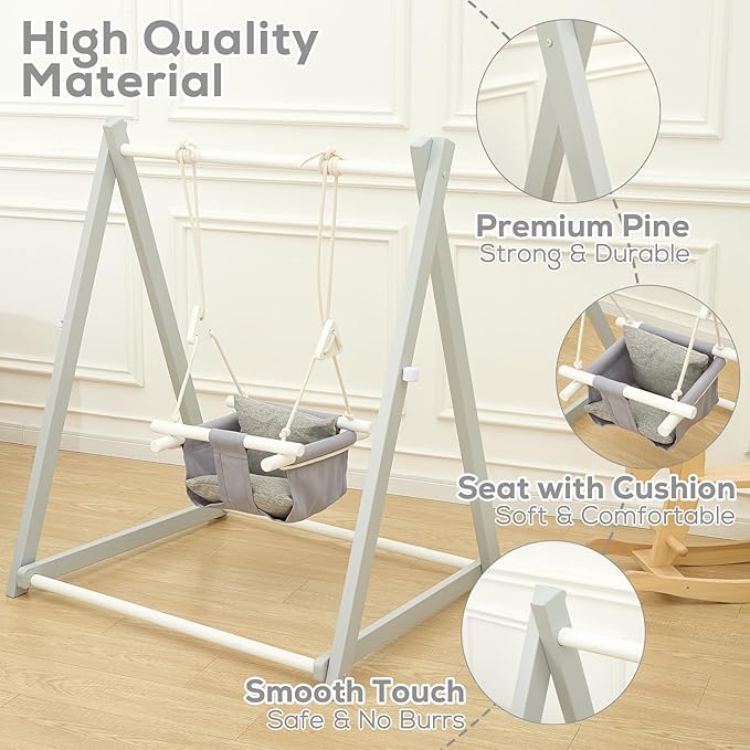 FUNLIO Montessori Wooden Swing Set for Toddlers 6-36 Months, Foldable Indoor Baby Swing Set of Durable Pine, Portable with 4 Sandbags &Extension Straps, Toddler Swing for Indoor/Outdoor-Gray