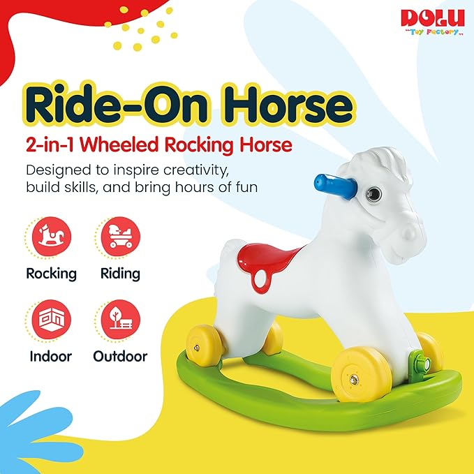 Dolu Wheeled Rocking Horse 2 in 1 Toddler Ride On Toy with Removable Sled and Push Along Option for Kids Ages 2 and Up, Indoor and Outdoor Play, White
