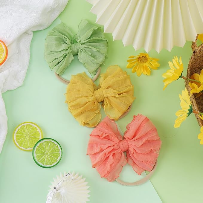 Lace Big Bows Baby Headbands Elastic Hairbands Hair Bows Children Soft Hair Accessories Newborn Infant Toddlers Yellow Peach Light Green 3 PCS