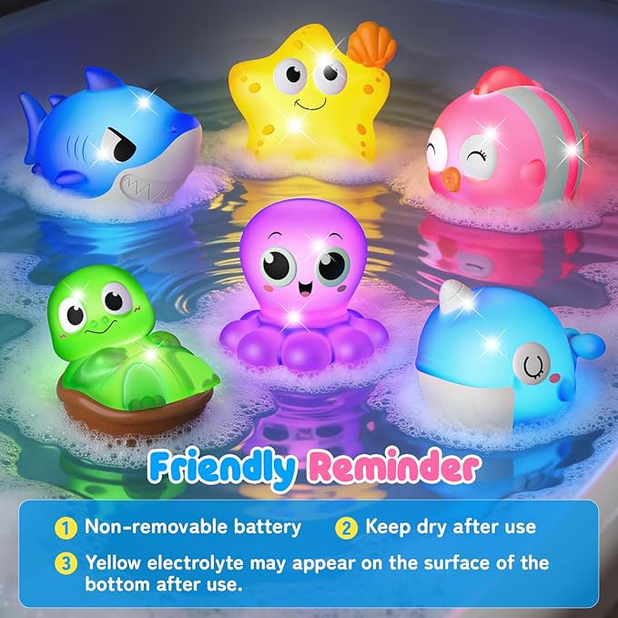 Light Up Bath Toys for Kids Ages 1-3, Pool Toys for 1 2 3 Year Old Girl Boy, Water Activated Bath Toys for Toddlers 3-5, Glowing Bathtub Toys for Baby Boy & Girl Gifts, 6 Pack