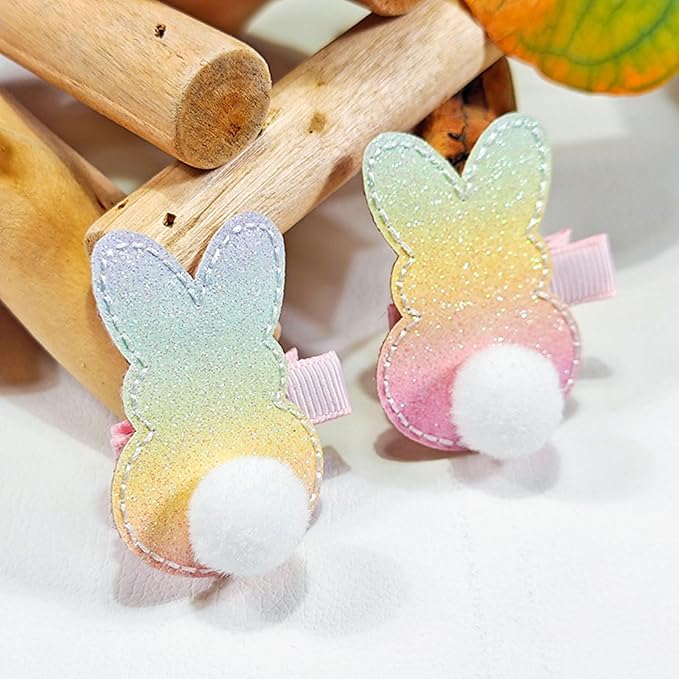 Easter Hair Clips for Girls, 2pcs Gradient Bunny with Cotton Tail Hair Accessories, Baby Hair Alligator Barrettes Cute Rabbit Hairpins Toddlers Kids for Party Princess Cosplay Decoration