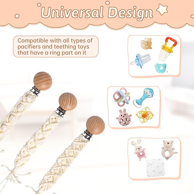 Boho Pacifier Clip for Boys Girls Pacifier Holder Leash Wooden Clips Handmade Braided Cotton Unisex Baby Shower Birthday Gift Christmas Gift (Pattern 10)