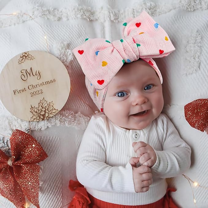 LemonSpace Handmade Baby Bow with Knotted Double Bows Stretchy Soft Cotton Infant Headwrap Comfortable Hair Accessories for Newborn,Toddler,Kids Ideal Gift for Birthday,Baby Shower(Heart Print)
