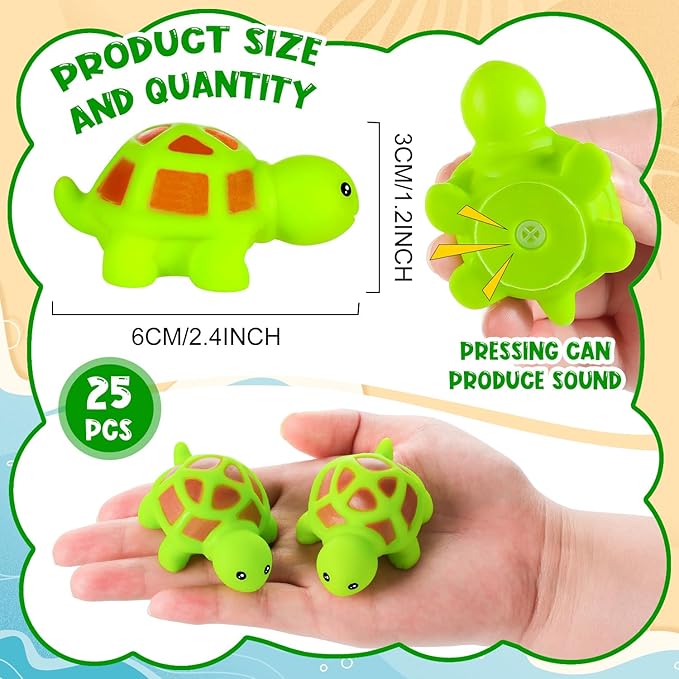 25PCS Mini Rubber Turtle Green Floating Squeaky Sea Turtle Rubber Bath Toy, Cute Screaming Sound Bulk for Bath Shower Swimming Pool Birthday Beach Decor(5 Colors)