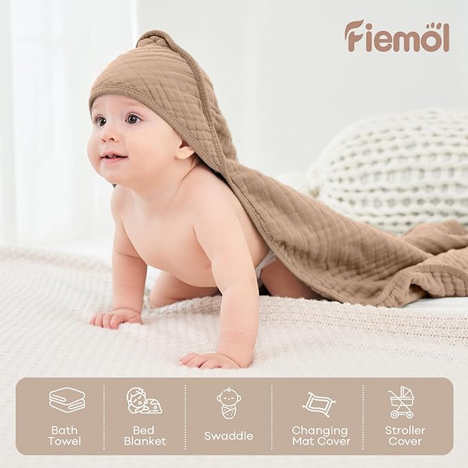 Baby Bath Towels, 100% Muslin Cotton Hooded Baby Towels for Newborn, 2 Pack Baby Towels with Hood for Infant Toddler and Kids, Large 32x32Inch, Soft and Absorbent