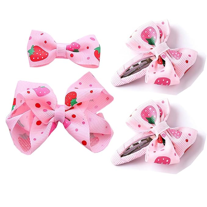 Baby Girls Pink Strawberry Hair Bow Clip Alligator Red Bow Hair Clip for Toddlers Little Girls Kids 2 Pack ZFJ42 (4pcs Pink Set)