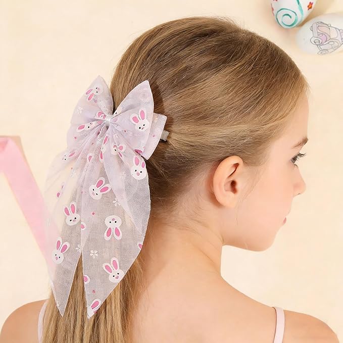 Easter Bunny Hair Bow for Women Girls Toddlers - 13 Inch Large White Tulle Bow Hair Clip with Cute Bunny Pattern, Spring Easter Hair Accessories Rabbit Hairpins for Easter Outfits, Birthday Gifts