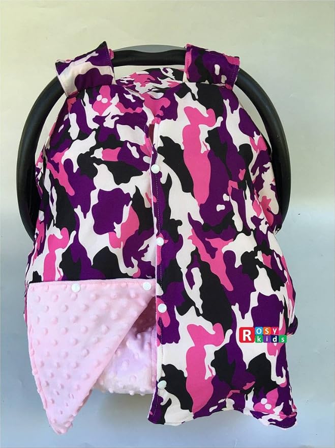 Rosy Kids Infant Carseat Canopy Cover 4pc Whole Caboodle, Baby Car Seat Cover and Canopy Cover Outdoor Traveling Kit, Purple Camouflage Baby Pink