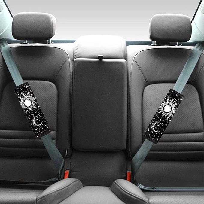AFPANQZ 2pcs Car Seat Belt Pads Cover Universal Size Art Moon Sun Print Vehicle Seat Belt Comfort Shoulder Pads for Adults Children Seat Cushion Shoulder Straps Cushion for Bag Black