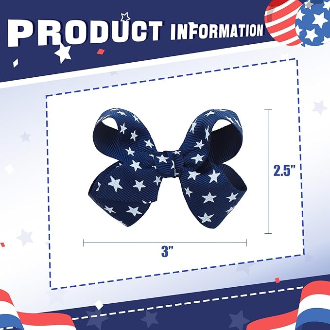 YanJie 2pcs Baby Hair Clips 3‘’ Navy Blue Bow Ribbon American Flag Hair Bows White Stars Clips