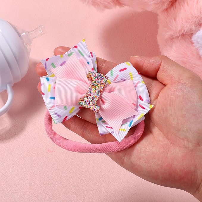 Baby Bow Headband, Cute Baby Hair Bow Elastic Hairband Bow Hair Accessories for Newborn Baby Girls Toddlers 1st First Birthday Party Decorations Photo Props (Ice Cream)