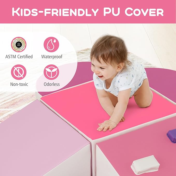 Olakids Climbing Toys for Toddlers, 6 Pieces Baby Foam Blocks Soft Play Set with PU Leather, Indoor Kids Climb and Crawl Sliding Activity Structure Gym Playground Climber (Peach)