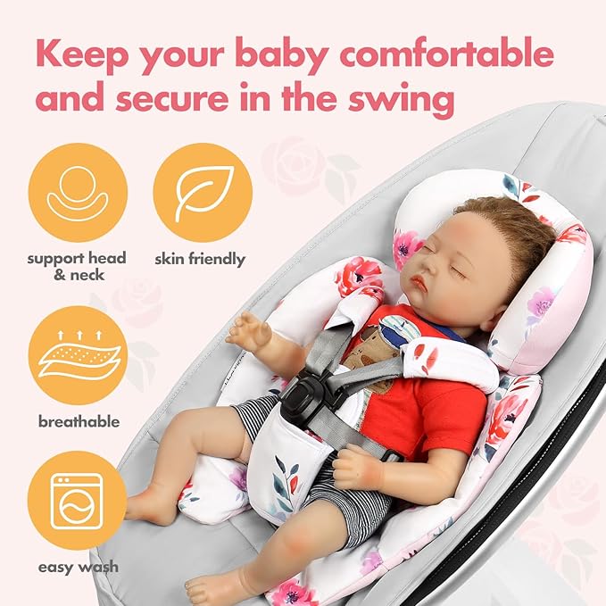 Mamaroo Infant Insert Compatible with 4moms MamaRoo & RockaRoo Swing | Enlarged Head & Body Support Cushion, Reversible Design, Soft Breathable Fabric with Flowers, Machine Washable