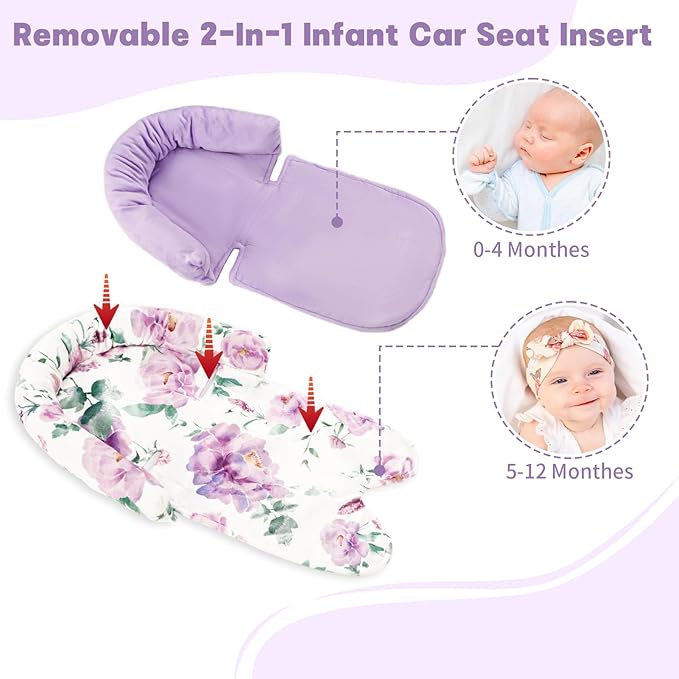Infant Car Seat Insert, Baby Car Seat Head & Body Support with Strap Pads, Soft Newborn Preemie Carseat Insert Cushion for Girls Boys, Fits Carseat, Stroller, Swing, Bouncer, Purple Floral