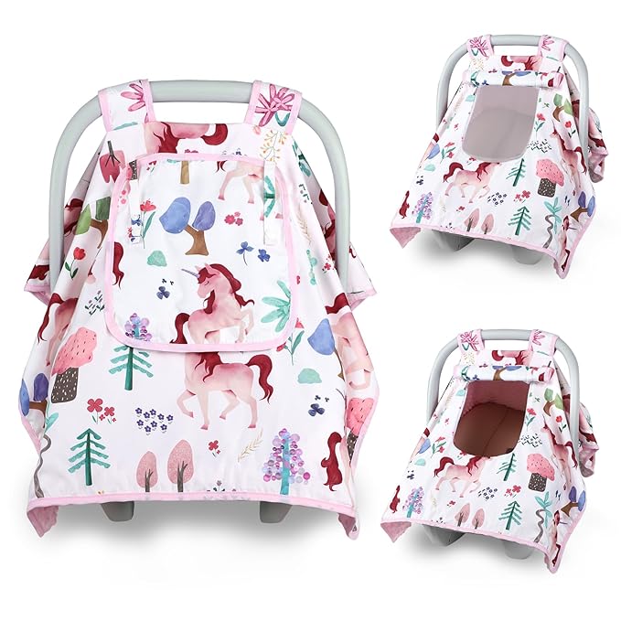 Car Seat Cover Baby,Man Fai Sky Infant Car Seat Covers Girl with Breathable Mesh Peep Window,Windproof and Peek-Proof Newborn Carrier Canopy for 4 Seasons,Pink