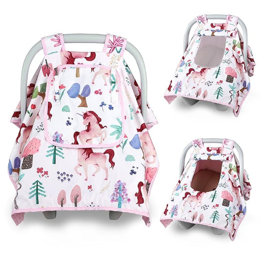 Car Seat Cover Baby,Man Fai Sky Infant Car Seat Covers Girl with Breathable Mesh Peep Window,Windproof and Peek-Proof Newborn Carrier Canopy for 4 Seasons,Pink