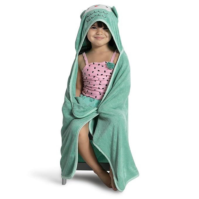 Delta Children Personalized Kids Hooded Bath Towel with Pockets - Super Soft and Absorbent- Great Gift for Boys and Girls, Light Teal Owl