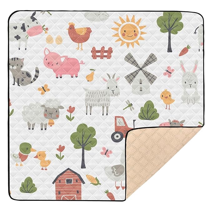 Baby Play Mat Cartoon Farm Animals 50 x 50 Playpen Mats for Floor Play Gym Crawling Mat Non-Slip Cushioned Baby Playmat for Infants, Babies, Toddlers