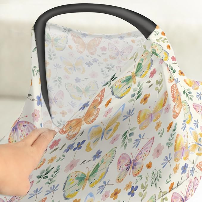 Watercolor Butterflies Spring Floral Baby Car Seat Covers Pastel Flowers Leaves Stretchy 5-in-1 Cover Adjustable Infant Carseat Canopy Cover Easter Garden Breathable Nursing Cover-Up Yellow