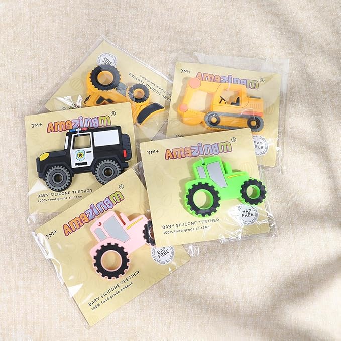 Car Series Baby Teething Toys,Food Grade Silicone Chew Teether for 3 Months+ Infant Boy and Girl,Toddler Sensory Chewing Teether,BPA Free. (Tractor, Pink)