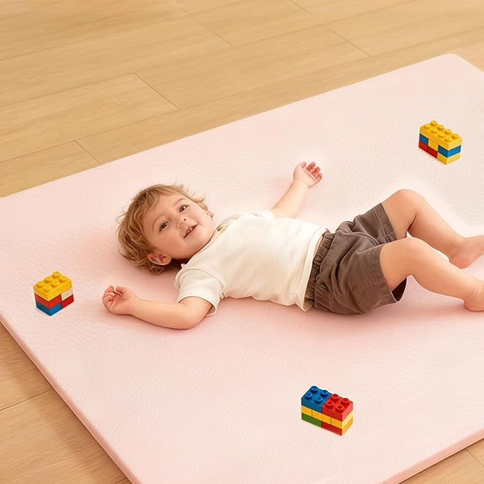 PU Leather Baby Play Mat for Floor, 47"×47" Playpen Mat, 1.3" Thick Elasti-Foam, Non-Slip Crawling Mat for Tummy Time, Waterproof & Wipe-Clean Playmat for Toddler,Infant, Kids (Pink)
