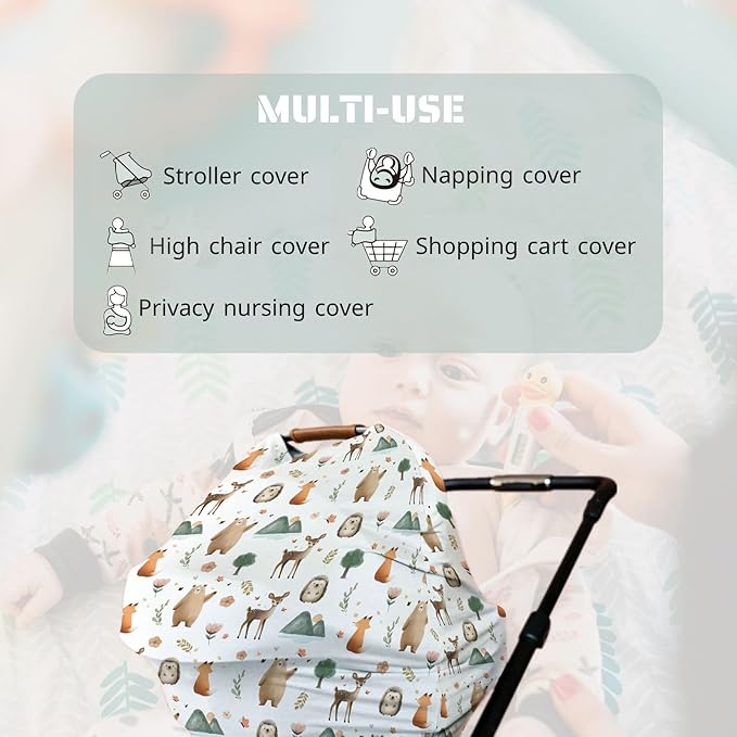 HawSkgFub Boho Animal 5-in-1 Car Seat Cover for Baby Boy Girl Gift, Bohemia Forest Bear Fox Deer Owl Privacy Breastfeeding Nursing Cover, Newborn Infant Multi-use Carseat Canopy Carrier